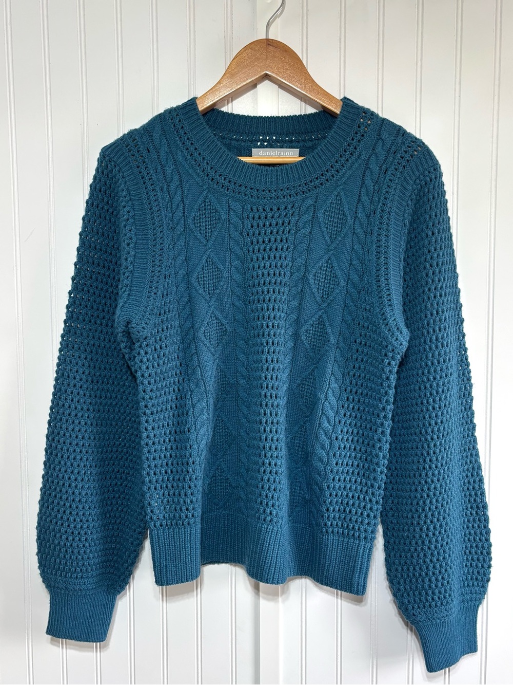 Daniel Rainn Teal Blue Cable Knit Openwork Chunky Sweater Wool Blend Size Medium